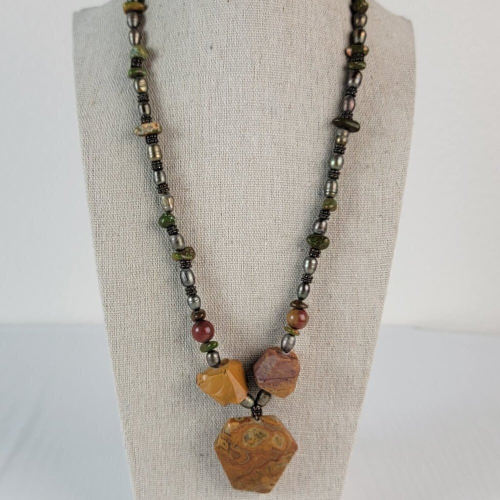 Vintage Artisan Agate Gemstone And Natural Pearl Bead Statement Necklace 21.5 In